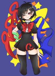 Rule 34 | 1girl, ;), asymmetrical wings, black dress, black hair, black thighhighs, blue wings, bow, bowtie, buttons, center frills, closed mouth, dress, feet out of frame, frilled dress, frills, gao wanwan, hand on own hip, highres, houjuu nue, one eye closed, pointy ears, purple background, red bow, red bowtie, red eyes, red wings, short dress, short hair, short sleeves, simple background, smile, snake, solo, standing, swept bangs, thighhighs, tomoe (symbol), touhou, v-shaped eyebrows, wings