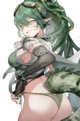 Rule 34 | 1girl, antenna hair, arknights, ass, bikini, crocodilian tail, dreadlocks, elbow gloves, fingerless gloves, from behind, gas mask, gavial (arknights), gavial the invincible (arknights), gloves, gnai, goggles, goggles on head, green bikini, green eyes, green hair, highres, looking at viewer, looking back, mask, mask around neck, official alternate costume, pointy ears, respirator, shoulder tattoo, smile, string bikini, swimsuit, tail, tattoo, torn clothes, torn gloves, white background