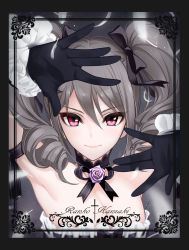 Rule 34 | 10s, black gloves, character name, commentary request, drill hair, fed (giba), gloves, gothic lolita, hair ribbon, highres, idolmaster, idolmaster cinderella girls, kanzaki ranko, lolita fashion, looking at viewer, red eyes, ribbon, silver hair, smile, solo, twin drills, twintails