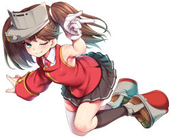 Rule 34 | 1girl, adapted costume, alternate eye color, armpits, asymmetrical clothes, asymmetrical legwear, asymmetrical sleeves, black socks, brown hair, fang, full body, gloves, green eyes, grey skirt, highres, japanese clothes, kantai collection, kariginu, kneehighs, long hair, looking at viewer, magatama, one eye closed, pleated skirt, red shirt, ryuujou (kancolle), shirt, simple background, single sleeve, skirt, socks, solo, thighhighs, twintails, uneven legwear, uneven sleeves, uousa-ou, visor cap, white background, white gloves, white socks