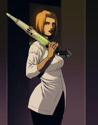 Rule 34 | 1girl, agent l, black lips, black pants, blonde hair, blue eyes, breasts, exmile, female focus, gloves, gun, gun on back, lab coat, large breasts, looking at viewer, looking down, men in black, pants, rifle, rubber gloves, science fiction, scientist, short hair, solo, weapon, weapon on back