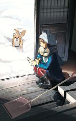 Rule 34 | 1girl, ashinowoto, beanie, black footwear, blue coat, blue skirt, blush, boots, brown eyes, brown hair, coat, dog, gloves, hat, highres, loafers, long sleeves, mouth hold, pants, red pants, scarf, shoes, shovel, skirt, snow, snow shovel, solo, squatting, tail, tail wagging, umamusume, white gloves, white hat, yukino bijin (umamusume)
