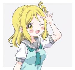 Rule 34 | 1girl, ;d, blonde hair, blush stickers, braid, crown braid, green neckerchief, grey background, hair rings, hand up, highres, long hair, looking at viewer, love live!, love live! sunshine!!, neckerchief, ohara mari, one eye closed, open mouth, school uniform, serafuku, simple background, smile, solo, tie clip, upper body, yashino 84, yellow eyes