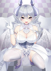 Rule 34 | 1girl, blush, bodysuit, breasts, cameltoe, cleavage, cleft of venus, collarbone, demon girl, demon wings, drill hair, duel monster, gloves, grey eyes, hand on own chest, highres, horns, kneehighs, lovely labrynth of the silver castle, large breasts, looking at viewer, low wings, medium hair, open mouth, pointy ears, silver hair, skin tight, socks, solo, white gloves, white horns, white socks, white wings, wings, xi (377684317), yu-gi-oh!