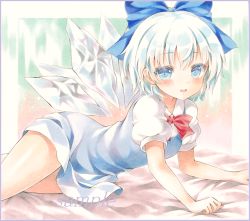 Rule 34 | 1girl, bad id, bad pixiv id, blue dress, blue eyes, blue hair, blush, border, bow, cirno, colored eyelashes, colored pencil (medium), dress, hair bow, hair ornament, hair ribbon, ice, ice wings, looking at viewer, marker (medium), matching hair/eyes, open mouth, potto, potto (minntochan), puffy sleeves, ribbon, sample watermark, short hair, short sleeves, smile, solo, touhou, traditional media, watermark, wings
