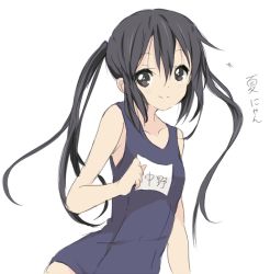 Rule 34 | 1girl, black hair, brown eyes, k-on!, long hair, nakano azusa, name tag, school swimsuit, simple background, smile, swimsuit, translation request, twintails, white background