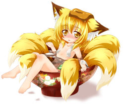 Rule 34 | 1girl, aburaage, aged down, animal ear fluff, animal ears, barefoot, between legs, blonde hair, blush, bowl, breasts, brown eyes, censored, convenient censoring, female focus, flat chest, food, fox ears, fox tail, full body, highres, in bowl, in container, in food, kazami karasu, kitsune udon, looking at viewer, mini person, minigirl, multiple tails, navel, no headwear, nude, open mouth, pun, short hair, simple background, sitting, solo, soup, tail, tail between legs, too literal, touhou, white background, yakumo ran, yellow eyes