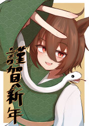 1girl absurdres agnes_tachyon_(umamusume) animal_ears brown_hair green_kimono hair_between_eyes happy_new_year highres horse_ears horse_girl japanese_clothes kimono long_sleeves looking_at_another minmin731_ing new_year open_mouth red_eyes short_hair smile snake solo umamusume v white_snake wide_sleeves