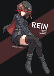 Rule 34 | 1girl, absurdres, asymmetrical hair, beret, black thighhighs, bob cut, boots, brown hair, cape, english text, glowing, glowing eyes, hat, highres, invisible chair, original, pleated skirt, red eyes, sherman (egnk2525), sitting, skirt, solo, thighhighs, zettai ryouiki
