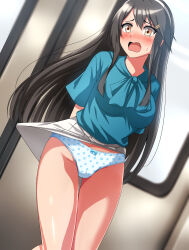 Rule 34 | 1girl, absurdres, accidental exposure, black hair, blue panties, blue shirt, blush, bow, bow panties, brown eyes, commentary request, commission, cowboy shot, hairband, haruna (kancolle), highres, kantai collection, long hair, looking back, nose blush, official alternate costume, open mouth, panties, pantyshot, pixiv commission, polka dot, polka dot panties, shirt, skirt, sliding doors, solo, underwear, unlikely accident, wavy hair, white hairband, white skirt, zanntetu