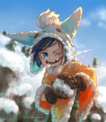 Rule 34 | 1boy, animal hat, bad id, bad pixiv id, blue eyes, blue hair, blush, buttons, ehdogreen, gloves, hat, highres, holding, league of legends, looking to the side, male focus, missing tooth, nunu (league of legends), open mouth, pine tree, rock, signature, smile, snow, snowball, solo, tree, winter clothes