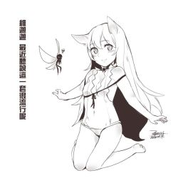 Rule 34 | 1girl, blush, breasts, character request, chinese text, closed mouth, copyright request, ejami, greyscale, long hair, looking at viewer, lulu (league of legends), monochrome, pix (league of legends), simple background, translation request, white background