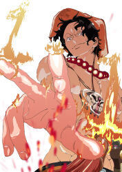 Rule 34 | 1boy, bead necklace, beads, black hair, fire, flaming hand, hat, highres, jewelry, kojima takashi, male focus, muscular, necklace, one piece, orange hat, portgas d. ace, short hair, simple background, smile, solo, white background