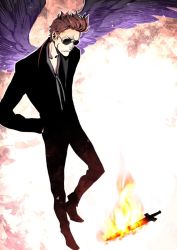 Rule 34 | 1boy, black wings, brown hair, crowley (good omens), flaming sword, flaming weapon, formal, from above, good omens, male focus, miwa shirow, necktie, solo, standing, suit, sunglasses, wings
