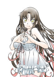 Rule 34 | 1girl, bare arms, black hair, breasts, chest tattoo, cleavage, closed mouth, commentary request, cowboy shot, dress, fate/extra, fate/extra ccc, fate/grand order, fate (series), forehead tattoo, frilled dress, frills, green eyes, heart, heart hands, large breasts, long hair, looking at viewer, multicolored hair, parted bangs, pink hair, pink ribbon, pink thighhighs, ribbon, sessyoin kiara, simple background, sleeveless, sleeveless dress, slit pupils, smile, solo, streaked hair, takuteks, tattoo, thighhighs, very long hair, white background, white dress