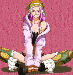 Rule 34 | 1girl, absurdres, black footwear, black tank top, blue eyes, boots, breasts, brown hat, cleavage, collarbone, commentary, crop top, eyebrows, eyelid piercing, floral print, frilled legwear, full body, fur jacket, green legwear, grin, hat, highres, hood, hooded jacket, indian style, jacket, jewelry bonney, lipstick, long hair, long sleeves, looking at viewer, makeup, medium breasts, midriff, moruga, navel, off shoulder, official alternate costume, one piece, one piece: stampede, open clothes, open jacket, own hands together, parted lips, piercing, pink background, pink hair, pink jacket, print thighhighs, red lips, shadow, simple background, sitting, smile, solo, sunflower print, tank top, teeth, thighhighs, thighs, v-shaped eyebrows