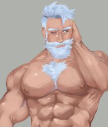 Rule 34 | 1boy, abs, bara, bare pectorals, beard, chest hair, commentary, cwazytvthings, dislyte, english commentary, facial hair, highres, large pectorals, looking to the side, male focus, one eye closed, pectorals, pritzker (mimir) (dislyte), simple background, white facial hair, white hair