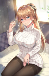 Rule 34 | 1girl, alternate costume, argyle, backlighting, bed, black pantyhose, black ribbon, blush, breasts, brown hair, cenangam, commentary request, day, dress, girls&#039; frontline, green eyes, hair between eyes, hair ribbon, hair rings, heart, holding, indoors, lap pillow invitation, large breasts, light particles, light rays, long hair, looking at viewer, on bed, pantyhose, pillow, plant, ponytail, ribbed sweater, ribbon, sidelocks, sitting, smile, solo, spoken heart, springfield (girls&#039; frontline), sunbeam, sunlight, sweater, sweater dress, thighs, turtleneck, turtleneck sweater, white sweater, window