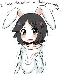 Rule 34 | 1boy, 4chan, androgynous, animal ears, black hair, blush, blush stickers, brown eyes, collarbone, drawfag, english text, engrish text, hair ornament, hairpin, male focus, nishimura hiroyuki (2ch), open mouth, rabbit ears, ranguage, short hair, simple background, sleeves past wrists, solo, sweater, tears, trembling, wavy mouth, white background