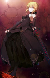 Rule 34 | &gt;:(, 1girl, armpits, artoria pendragon (all), artoria pendragon (fate), bare shoulders, black dress, black ribbon, blonde hair, braid, breasts, choker, cleavage cutout, closed mouth, clothes lift, clothing cutout, detached sleeves, dress, dress lift, excalibur morgan (fate), fate/stay night, fate (series), french braid, frown, full body, highres, holding, holding sword, holding weapon, lifting own clothes, looking at viewer, ribbon, ribbon choker, saber (fate), saber alter, short hair, small breasts, solo, sunlight, sword, v-shaped eyebrows, weapon, yellow eyes, zen33n