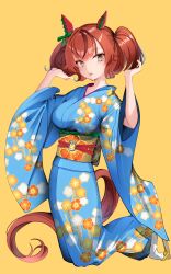 Rule 34 | 1girl, alternate hair length, alternate hairstyle, animal ears, blue kimono, blush, brown hair, commentary request, ear covers, floral print, hands up, highres, horse ears, horse girl, horse tail, japanese clothes, kimono, kneeling, long sleeves, looking at viewer, nice nature (umamusume), obi, open mouth, sandals, sash, short twintails, simple background, socks, solo, tabi, tail, twintails, umamusume, white socks, wide sleeves, yellow background, yellow eyes, yomean!, yukata, zouri