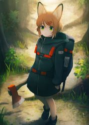 Rule 34 | 1girl, animal ears, axe, backpack, bag, brown hair, coat, expressionless, female focus, forest, fox ears, grass, green eyes, hair ornament, hairclip, hand in pocket, highres, holding, holding axe, kareido (kaleidoscope), nature, original, outdoors, solo, standing, tree