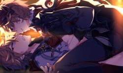 Rule 34 | 2boys, azuma (azuma10270724), black gloves, blue eyes, clenched teeth, dual persona, earrings, genshin impact, gloves, groping, hair between eyes, hand on another&#039;s neck, highres, jacket, jewelry, male focus, mask, mask on head, multiple boys, open clothes, orange hair, pants, purple eyes, red scarf, scarf, selfcest, single earring, sitting, sitting on person, tartaglia (genshin impact), teeth, yaoi