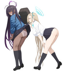Rule 34 | 2girls, ass, asuna (blue archive), black footwear, black hair, black legwear, blonde hair, blue archive, blush, chela77, closed eyes, clothes lift, commentary, dark-skinned female, dark skin, dress shirt, english commentary, from behind, from side, full body, grin, hair ribbon, halo, highres, karin (blue archive), kneepits, lifting another&#039;s clothes, loafers, long hair, long sleeves, looking at viewer, miniskirt, multiple girls, panties, pleated skirt, profile, ribbon, shirt, shoes, simple background, skirt, skirt lift, smile, thighs, underwear, very long hair, white panties, white shirt, yellow eyes