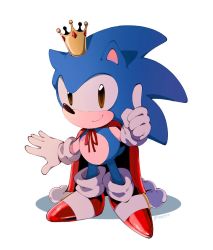 Rule 34 | 1boy, black eyes, cape, closed mouth, crown, full body, gloves, highres, index finger raised, isa03re, looking at viewer, male focus, red cape, red footwear, simple background, smile, solo, sonic (series), sonic the hedgehog, sonic the hedgehog (classic), standing, white background, white gloves