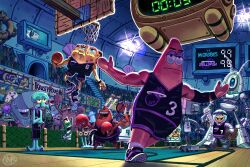 Rule 34 | 3girls, 6+boys, ball, basketball, basketball (object), basketball court, basketball hoop, closed mouth, commentary, commission, crossed arms, crowd, english commentary, expressionless, full body, gary (spongebob squarepants), highres, holding, holding ball, indoors, jellyfish (spongebob squarepants), jumping, karen plankton, larry the lobster, meme, midair, money-shaped pupils, mr. krabs, mrs. puff, multiple boys, multiple girls, nicole kim (ynkimart), open mouth, outstretched arms, patrick star, pearl krabs, people, playing sports, sandy cheeks, sheldon j. plankton, smile, spongebob squarepants, spongebob squarepants (series), sportswear, squidward tentacles, standing, symbol-shaped pupils, wade-lebron dunk picture (meme)