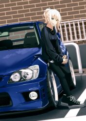 Rule 34 | 1girl, absurdres, black footwear, black sweater, blonde hair, blue car, breasts, brick wall, can, car, hair behind ear, highres, holding, holding can, looking at viewer, love live!, love live! nijigasaki high school idol club, medium breasts, miyashita ai, motor vehicle, open mouth, orange eyes, ponytail, s sho mkrn, shoes, sitting, smile, sneakers, solo, spoiler (automobile), sweater, toyota, toyota altezza