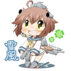 Rule 34 | 10s, 1girl, :d, ahoge, bad id, bad twitter id, bag, binoculars, blush, brown hair, clover, clover (flower), dated, dress, flower, kantai collection, lowres, open mouth, rebecca (keinelove), sailor dress, short hair, signature, simple background, smile, solo, white background, yellow eyes, yukikaze (kancolle)