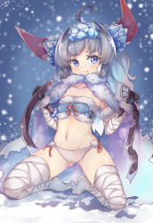 Rule 34 | 1girl, absurdres, ahoge, bandaged leg, bandages, bible bullet, blue eyes, blush, closed mouth, collarbone, dango (dangowalolicon), grey hair, highres, horns, looking at viewer, navel, seiza, short hair, sitting, snow, snowing, solo