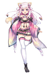Rule 34 | 1girl, :d, absurdres, animal ear fluff, animal ears, black footwear, blush, breasts, cleavage, collarbone, copyright request, crop top, detached sleeves, floral print, full body, hair between eyes, hair ribbon, hand up, highres, long hair, long sleeves, looking at viewer, medium breasts, midriff, navel, open mouth, panties, pink hair, pink ribbon, pink skirt, pink sleeves, pleated skirt, print sleeves, purple eyes, ribbon, rinringyo, round teeth, simple background, skirt, smile, solo, standing, standing on one leg, striped clothes, striped panties, tail, tail raised, teeth, thighhighs, underwear, upper teeth only, very long hair, white background, white thighhighs, wide sleeves