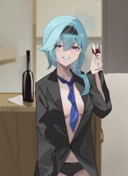 Rule 34 | 1girl, absurdres, alternate costume, artist name, black hairband, black panties, black shirt, blue hair, blue necktie, blush, bottle, breasts, center opening, chong neng youzi zzz, clenched teeth, collared shirt, cup, eula (genshin impact), genshin impact, hairband, hand up, highres, holding, holding cup, indoors, looking at viewer, medium breasts, medium hair, naked shirt, necktie, open mouth, panties, partially unbuttoned, red wine, shirt, sidelocks, solo, teeth, unbuttoned sleeves, underwear, wine, wine bottle, yellow eyes