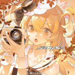 Rule 34 | 1girl, absurdres, armlet, autumn leaves, bare shoulders, black bow, blonde hair, bow, bowtie, brown bow, brown bowtie, camera, chinese commentary, commentary request, cup, day, eyelashes, gugu (mirukai), hair bow, highres, holding, holding camera, light blush, long hair, open mouth, orange eyes, original, outdoors, sailor collar, sample watermark, solo, sparkle, tea, teacup, upper body, watermark, weibo watermark, white sailor collar, white wrist cuffs, wrist cuffs