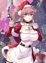 Rule 34 | 1girl, alternate costume, artist name, atlanta (kancolle), black choker, breasts, choker, cleavage, dated, dress, finger to mouth, grey eyes, hat, highres, himeyamato, kantai collection, large breasts, looking at viewer, red dress, red hair, santa hat, solo, thigh strap, twintails