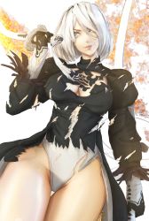 Rule 34 | 1girl, black dress, breasts, cropped legs, dress, feather-trimmed sleeves, feather trim, flaming sword, flaming weapon, gloves, hair between eyes, hair over one eye, highres, juliet sleeves, large breasts, leotard, lips, long sleeves, looking to the side, nier (series), nier:automata, puffy sleeves, short hair, smile, thighs, torn clothes, torn dress, torn leotard, virtuous contract, white background, white gloves, white leotard, yoracrab, 2b (nier:automata)