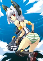 Rule 34 | 1girl, armband, ass, back, bad id, bad pixiv id, boots, gun, highres, knee boots, looking back, mecha musume, original, panties, red eyes, solo, striped clothes, striped panties, trigger discipline, underwear, wazuka na shiawase, weapon, white hair