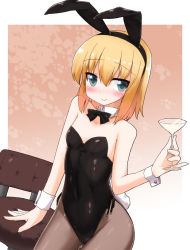 Rule 34 | 1girl, animal ears, bad id, bad pixiv id, bare shoulders, blonde hair, blue eyes, blush, bow, bowtie, chair, chalice, cup, detached collar, fake animal ears, flat chest, ktsecond, leotard, original, pantyhose, playboy bunny, rabbit ears, rabbit tail, short hair, smile, tail, wrist cuffs