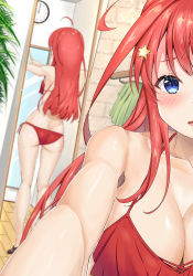 Rule 34 | 1girl, absurdres, ass, bare arms, bare back, bare shoulders, bikini, blue eyes, blush, breasts, cleavage, go-toubun no hanayome, hair between eyes, hair ornament, highres, large breasts, long hair, looking at viewer, mirror, nakano itsuki, one-piece swimsuit, open mouth, rain sunny, red hair, red one-piece swimsuit, smile, swimsuit