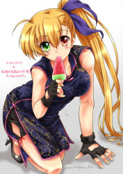 Rule 34 | 1girl, black footwear, black gloves, blonde hair, breasts, china dress, chinese clothes, commentary request, dated, dress, fingerless gloves, food, gloves, green eyes, hair ribbon, heterochromia, highres, kneeling, large breasts, leaning forward, long hair, lyrical nanoha, mahou shoujo lyrical nanoha vivid, aged up, popsicle, purple dress, purple ribbon, red eyes, ribbon, san-pon, side ponytail, side slit, solo, twitter username, very long hair, vivio