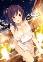 Rule 34 | 1girl, arm support, bekotarou, blurry, blush, breasts, brown eyes, bush, cleavage, collarbone, convenient censoring, depth of field, dutch angle, fence, hair ornament, hair scrunchie, highres, large breasts, long hair, looking at viewer, medium breasts, night, nude, onsen, open mouth, original, outdoors, purple hair, red eyes, scrunchie, side ponytail, smile, snow, snowing, solo, steam, steam censor, swept bangs, towel, water, wooden fence