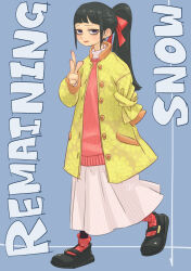 Rule 34 | 1boy, amputee, bags under eyes, black eyes, black footwear, black hair, blue background, chiyo maru, coat, commentary request, crossdressing, dress, english text, floral print, full body, hair ribbon, hand up, highres, jitome, kikunojo (one piece), layered clothes, light frown, long hair, long skirt, long sleeves, looking at viewer, one piece, pink sweater, ponytail, print coat, print socks, red lips, red ribbon, red socks, ribbon, sanpaku, shoes, signature, simple background, skirt, sleeve tied shut, socks, solo, striped clothes, striped skirt, sweater, trap, turtleneck, vertical-striped clothes, vertical-striped skirt, w, walking, white skirt, yellow coat