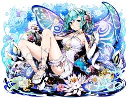 Rule 34 | 1girl, ankle ribbon, blue eyes, blue hair, blue nails, bow, breasts, butterfly wings, cleavage, cleavage cutout, clothing cutout, collarbone, detached sleeves, divine gate, feet, flower, full body, hair between eyes, hair bow, hair flower, hair ornament, hair ribbon, highres, insect wings, leg ribbon, medium breasts, nail polish, parted lips, pink bow, pink ribbon, ribbon, shadow, short hair, simple background, sleeveless, solo, thigh strap, toenail polish, toenails, toes, ucmm, white background, white flower, white ribbon, wings