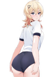 1girl ass back blonde_hair blue_buruma blue_eyes blush breasts buruma cowboy_shot gym_shirt gym_uniform hair_between_eyes hair_ornament hairclip highres kantai_collection long_hair looking_at_viewer medium_breasts shirt solo tirasi_(so) tuscaloosa_(kancolle) white_background