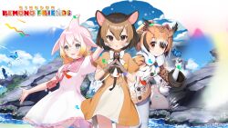 Rule 34 | 3girls, animal ears, bow, bowtie, brown eyes, brown hair, chevrotain (kemono friends), chinese white dolphin (kemono friends), coat, dress, eurasian eagle owl (kemono friends), extra ears, fins, gloves, grey eyes, head fins, head wings, highres, kemono friends, kemono friends kingdom, long hair, looking at viewer, multicolored hair, multiple girls, official art, pantyhose, pink hair, ribbon, sailor dress, short hair, twintails, wings