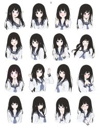 Rule 34 | 1girl, :o, absurdres, black hair, black sailor collar, chitanda eru, closed mouth, cropped torso, hand up, covering own mouth, hands up, highres, hyouka, kamiyama high school uniform (hyouka), long hair, looking at viewer, mery (yangmalgage), multiple views, neckerchief, open mouth, pink neckerchief, purple eyes, sailor collar, school uniform, serafuku, shirt, simple background, white background, white shirt
