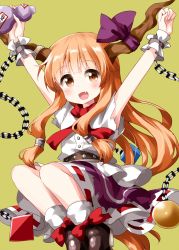 Rule 34 | 1girl, arms up, blunt bangs, brown footwear, chain, clenched hand, cuffs, fang, gourd, green background, highres, holding, horn ornament, horn ribbon, horns, ibuki suika, long hair, looking to the side, low-tied long hair, metal belt, oni horns, open mouth, orange eyes, orange hair, orb, outstretched arms, purple ribbon, purple skirt, pyramid (structure), red neckwear, red ribbon, ribbon, ribbon-trimmed skirt, ribbon trim, ruu (tksymkw), shackles, shirt, simple background, sitting, skirt, smile, solo, torn clothes, torn sleeves, touhou, very long hair, white legwear, white shirt, wrist cuffs