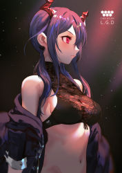 Rule 34 | 1girl, arknights, bare shoulders, black bra, black jacket, blue hair, bra, breasts, ch&#039;en (arknights), commentary, hair over shoulder, highres, horns, jacket, lingerie, long hair, looking away, low twintails, medium breasts, navel, off shoulder, open clothes, open jacket, red eyes, salmon88, solo, stomach, turtleneck, twintails, underwear, upper body